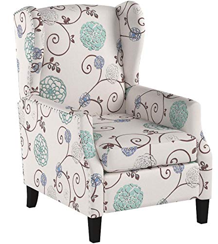 Westeros Traditional Wingback Fabric Recliner Chair (White & Blue Floral)