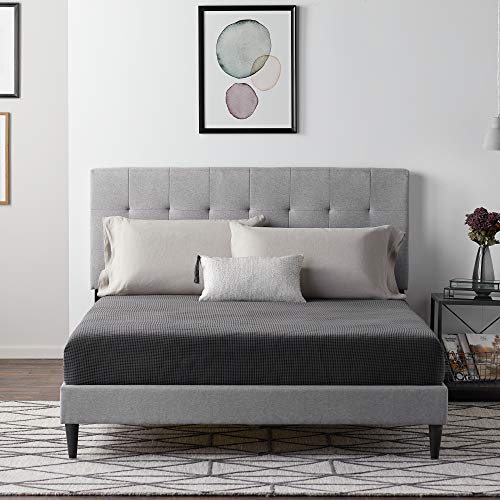 LUCID Upholstered Bed with Square Tufted Headboard -Linen Inspired Fabric –Sturdy Wood Build –No Box Spring Required Platform, Queen, Stone