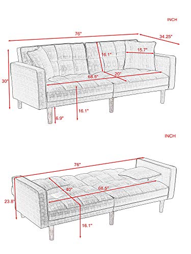 Futon Sofa Bed Sleeper Loveseat,JULYFOX 2 Position Recliner Couch Tufted Upholstered Fabric Sofa with Armrest 2 Throw Pillows Heavy Duty Design-Light Gray