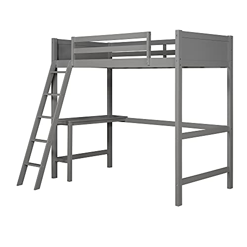 Twin Over Full Loft Bed with Convertible Lower Bed and Desk, Wooden Loft Bed Can be Separated into 2 Beds, No Box Springs Required, Light Grey