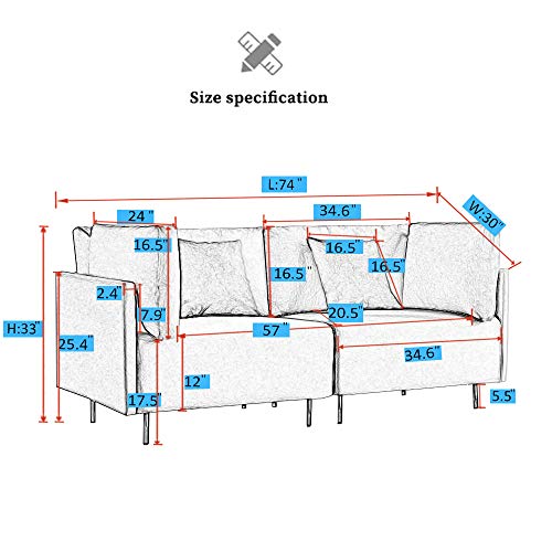 Rhomtree 74 inches Velvet Fabric Sofa Couch Mid-Century 3-Seat Love Seat for Living Room, Bedroom, Office, Apartment, Dorm, Studio and Small Space (Beige)