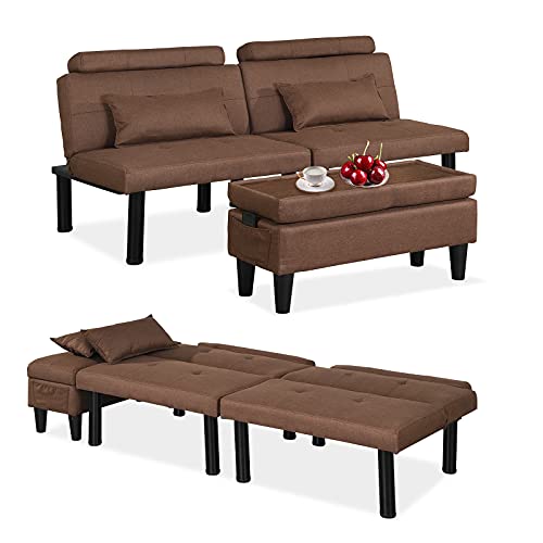 Futon Sofa Bed Adjustable Convertible Sleeper Sofa for Living Room, Apartment, Dorm Storage Ottoman Coffee Table, Lumbar Pillows (Linen-Brown)