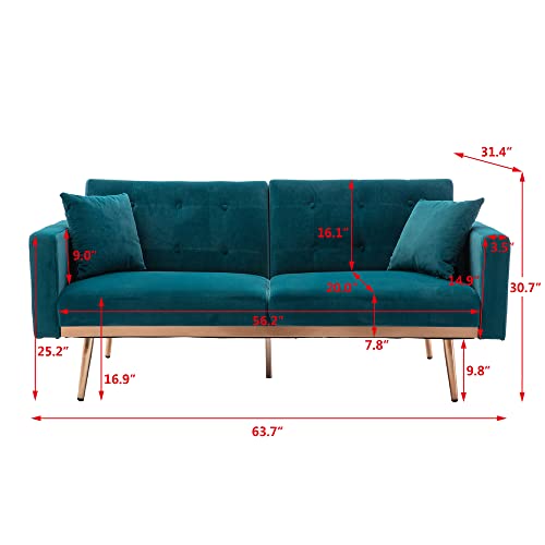 NOSGA Velvet Sofa, Modern Sleeper Sofa Couch, Convertible Loveseat Futon Sofa Bed Rose Gold Metal Feet with 2 Pillows for Living Room Bedroom(Teal)