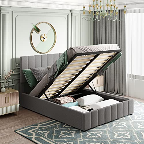 Full Size Upholstered Platform Bed with Storage Underneath, Full Bed with Headboard and Gas Lift Up Storage, Wooden Bed Frame with a Hydraulic Storage System– Gray