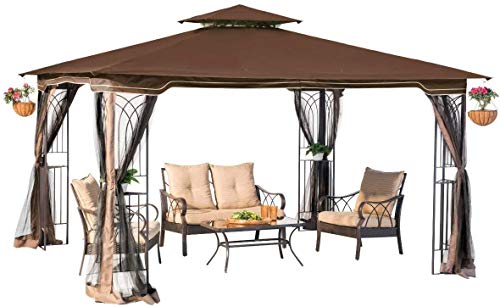 Sunjoy L-GZ798PST-E-A New Regency III Gazebo 10' x 12' with Mosquito Netting, Brown