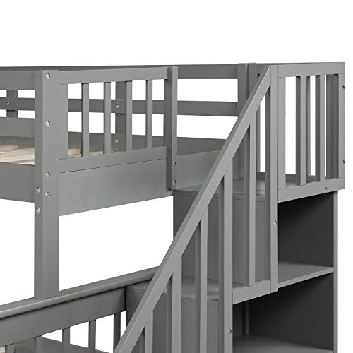 Stairway Bunk Bed Twin Over Full with Drawers, Storage Shelf and Guard Rail for Bedroom, Dorm, for Kids, Adults No Box Spring Required (Gray)