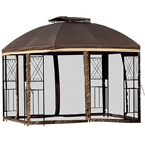 Outsunny 10' x 10' Outdoor Patio Gazebo Canopy with Double Tier Roof, Removable Mesh Curtains, Display Shelves, Brown