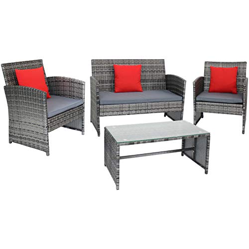 Sunnydaze Ardfield 4-Piece Outdoor Patio Conversation Furniture Set - Loveseat, Chairs and Coffee Table - Backyard Seating with Pillows - Mixed Gray Rattan with Gray Cushions