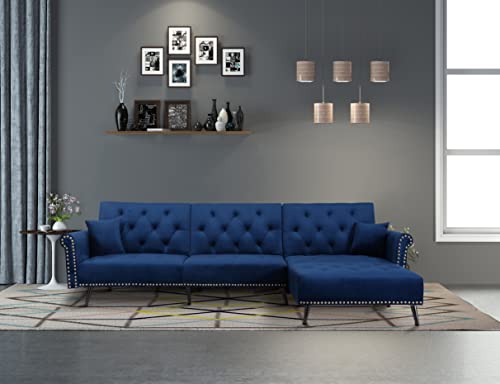 Convertible Sectional Couches for Living Room, Comfy Velvet Fabric L-Shaped Sofa Bed with Love Seats and Rivet, Reversible Futon Sofa with Chaise Lounge Indoor for Small Space (Navy Blue)
