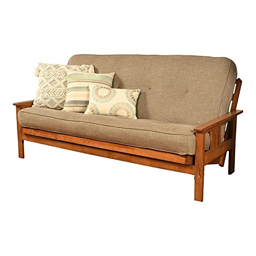Pemberly Row Full Size Rustic Wood Futon Set, Convertible Folding Sleeper Sofa Bed with Storage Drawers for Living Room Bedroom Dorm, Futon Frame and Linen Stone Gray Futon Mattress Included