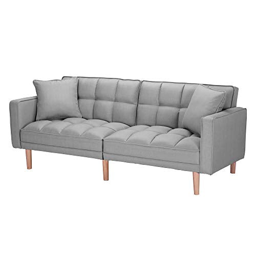 Futon Sofa Bed Sleeper Loveseat,JULYFOX 2 Position Recliner Couch Tufted Upholstered Fabric Sofa with Armrest 2 Throw Pillows Heavy Duty Design-Light Gray