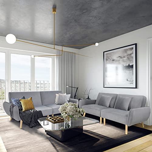 Intergreat Convertible Futon Sofa Bed, Upholstered Folding Sleeper Couch Sofa with Armrest and 2 Pillows, Modern Reclining Loveseat with Tapered Leg for Apartments, Living Room, Bedroom