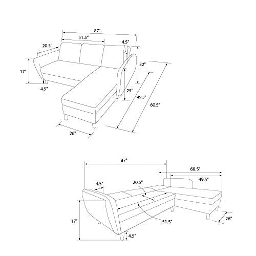 Novogratz Perry Sectional Storage, Convertible Sleeper, Camel Faux Leather Futon