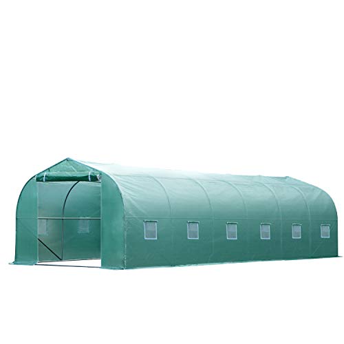 Outsunny 26'L x 10'W x 6.5'H Large Outdoor Heavy Duty Walk-in Greenhouse with 12 Windows, & a Zippered Front Door, Green