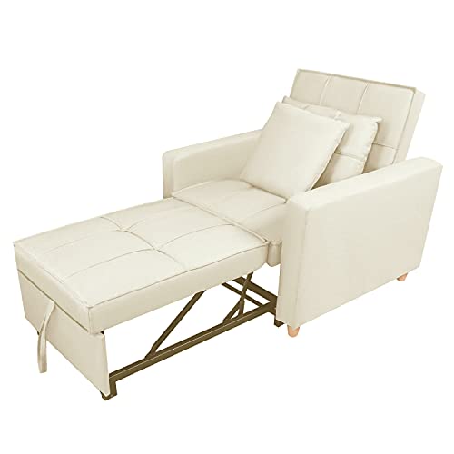 Convertible Sofa Bed Chair, Upgrade 3-in-1 Sleeper Chair Bed with Adjustable Angle Backrest Modern Linen Fabric Pull Out Folding Lounger Sleeper Chair Single Recliner for Small Space (Beige)