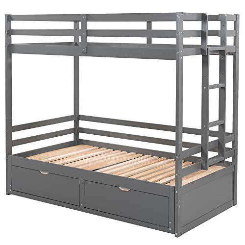 Twin Over Twin/Full/Queen/King Bunk Bed, New Version Wooden Bunk Bed with Drawers, Extendable Pull-Out Bunk Bed, Convertible to Daybed and Loft Bed, Functional Twin Bunk Bed (Grey)