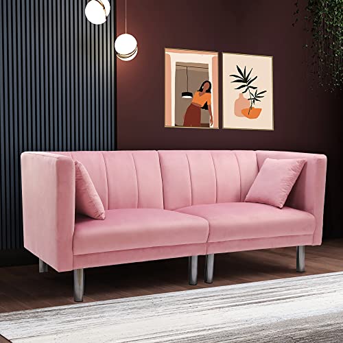 Futon Sofa, Loveseat Sofa, Convertible Sleeper Pink Velvet, with Metal Legs and Detachable Armrests