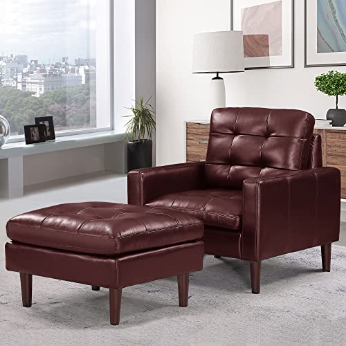 Accent Chair Single Sofa with Ottoman Set, Modern Black Air Leather and PVC Sofa and Ottoman for Living Room Hotel, Modern Armchair with Footrest, Lounge Single Sofa Set with Ottoman (Red+Air Leather)