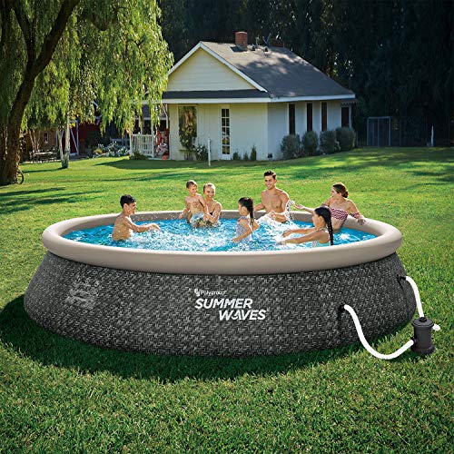 Summer Waves P1A01536A 15ft x 36in Round Quick Set Inflatable Ring Above Ground Swimming Pool with Filter Pump, Dark Gray Herringbone Print