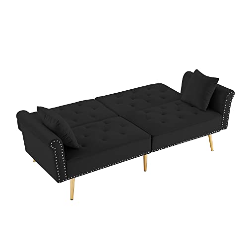 Zushule Futon Sofa Bed -Velvet Tufted Convertible Couch with 2 Pillows, Nailhead Trim, and Metal Legs- - Small Sofabed for Bedroom, Living Room, Apartment - Black with Gold Detail