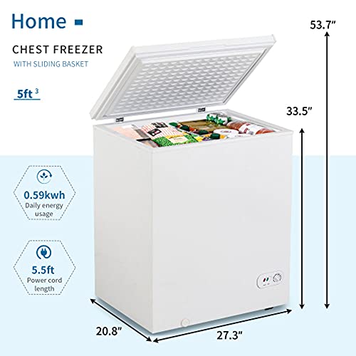 5 cu.ft Chest Freezer Removable Storage Basket, Top Open Door Freezing Machine for Home and Kitchen/Dorm/Bar/Office, 7 Temperature Settings (White)