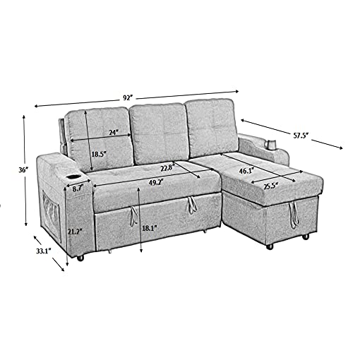 Etstod Reversible Sectional Sofa with Pull-Out Bed and Storage Chaise, Convertible Velvet L Shaped Couches w/2 Cup-Holders and Two Side Pockets, for Living Room Apartment, Dark Gray