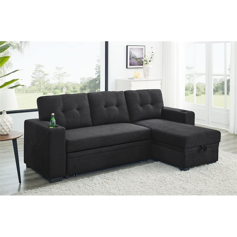 Trent Home Upholstery Polyester Blend Fabric Convertible Sectional Sleeper Sofa with Cup Holders in Black