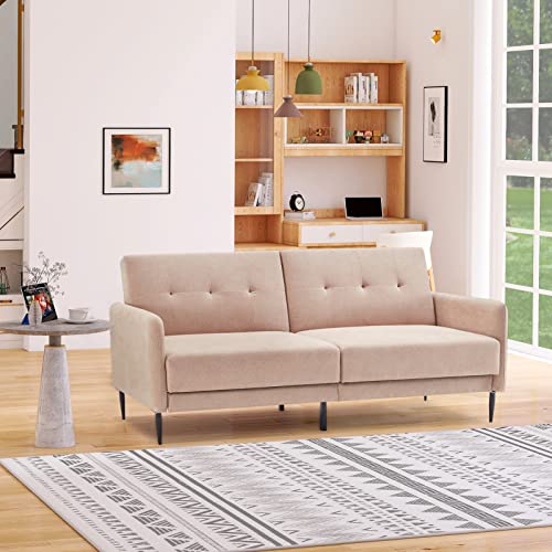 VEAREAR Modern Convertible Futon Sofa Bed, Linen Upholstered Loveseat Couch for Small Space, Folding Sofa Furniture for Compact Space/Home/House/Apartment/Living Room,Pink