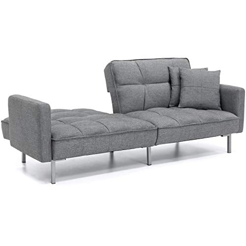 Dark Grey Convertible Futon Linen Tufted Versatile Split Back Design Couch 2 Plush Pillows Sofa Bed Mattress Recliner Lounger Sleeper Home Living Room Bedroom Modern Furniture 550LBS Weight Capacity