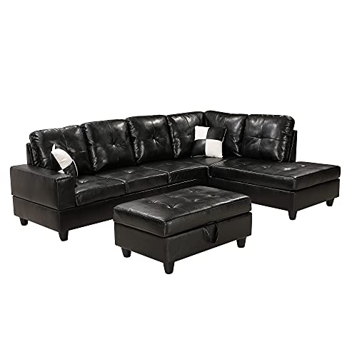 Longrune PU Sectional Couch L-Shaped Sofa Sets for Living Room with Right Chaise & Ottoman & 2 Pillows, Black