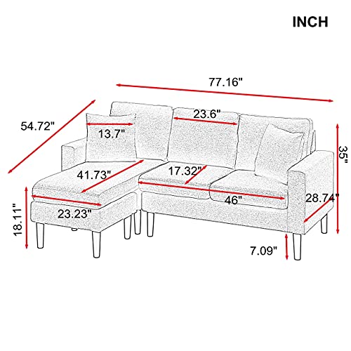 DEINPPA Grey Convertible Sectional Sofa Couchs Living Room Furniture Sets Reversible Chaise Left or Right Facing with 2 Pillows
