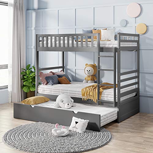 Harper&Bright Designs Twin Over Twin Bunk Bed with Trundle Solid Wood Triple Bunk Beds for Kids,Convertible Kids Adults Bunk Beds for Bedroom, Dorm, Gray