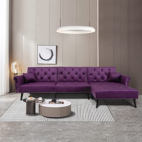 WILLIAMSPACE Purple Sectional Couches for Living Room, Sectional Sofa with Recliner, Convertible L-Shaped Sofa with Sleeper, Comfy Velvet L-Shape 3 Seats Sofa and Pillows for Small Spaces