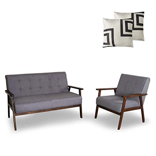 Sofa Set Living Room Couch Set Office Home Furniture Mid-Century Modern Fabric Wooden 2-Seater Loveseat Sturdy Wood Frame Lounge Chairs (2, Grey)