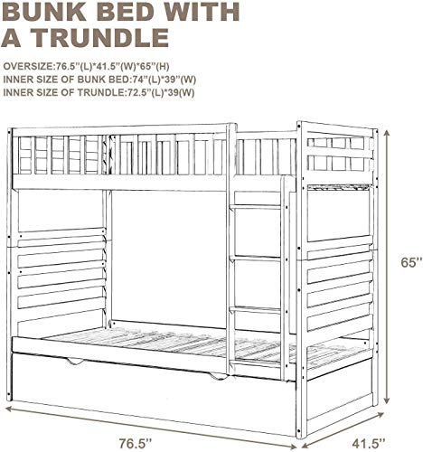 Bunk Beds for Kids, Twin Over Twin Bed with Trundle, Wooden Twin Bed with Safety Rail Ladder, Teens Bedroom Bed, Guest Room Furniture (Brown)