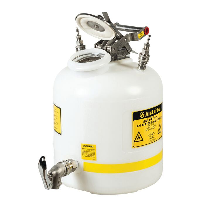 Justrite Disposal Can With Faucet, Quick-Disconnect, Stainless Steel Fittings For 1/4-In Tubing, 5 Gallon, Polypropylene