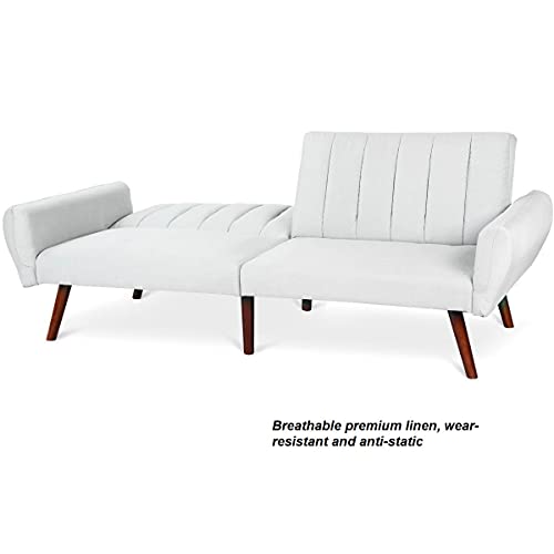 Grey Convertible Futon Sofa Bed Premium Couch Mattress Upholstered Seat Split Backrest Recliner Lounger Splitback Sleeper 5 Reclining Angles Home Living Room Bedroom Apartment Studio Modern Furniture