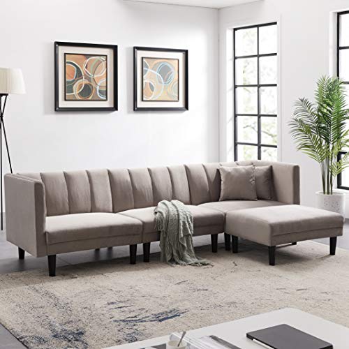 MOEO Reversible Sleeper Sofa Bed, Large L Shape Sectional Couch Lounge Chaise with 2 Pillows, for Living Meeting Room Bedroom, Gray, Light Grey