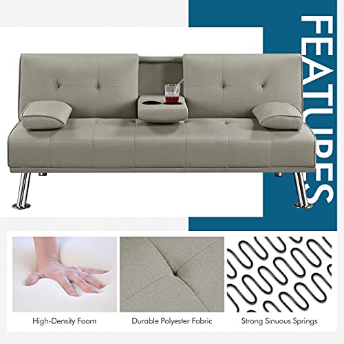 Yaheetech Linen Fabric Sofa Bed Modern Couch Bed Folding Recliner Sleeper Reversible Loveseat Convertible Daybed Sofa w/ 2 Cup Holders Removable Armrests 3 Adjustable Angles 772lb Capacity Beige