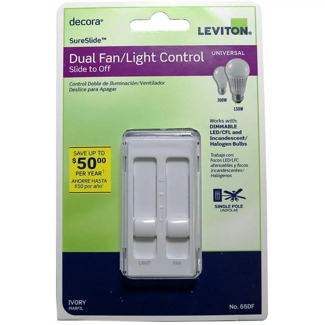 Leviton  Decora Sureslide Fan & LED Dimmer Slide Switch, Ivory