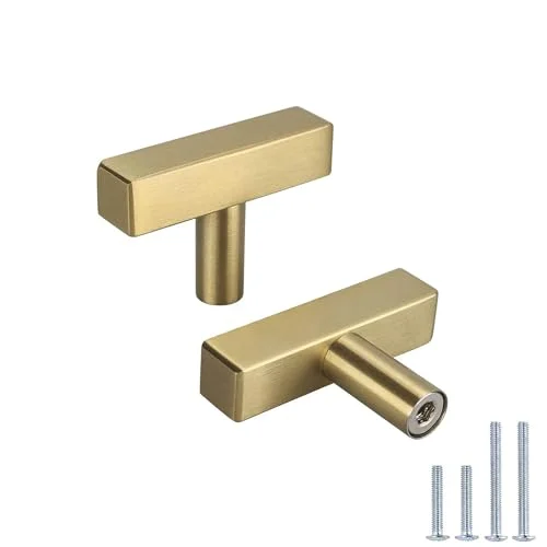LONTAN 50 Pack Brushed Brass Cabinet Knobs Gold Dresser Knobs - LS1212GD T Bar Square Gold Cabinet Pull Knobs Single Hole Kitchen Cupboard Door Knobs Stainless Steel