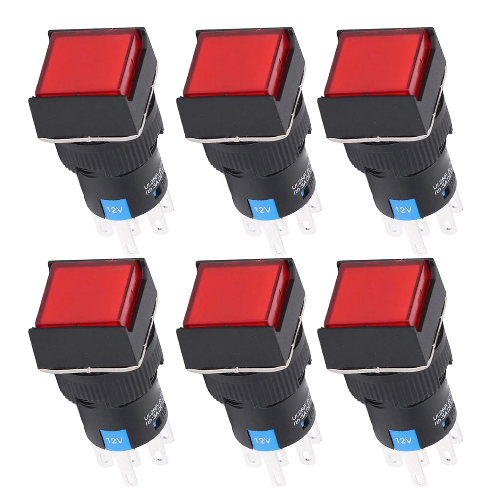 Uadme 25Pcs Squares Button Switch - ABS Brass 8 Pin Self Locking Switches with Light 16mm 12V(Red)