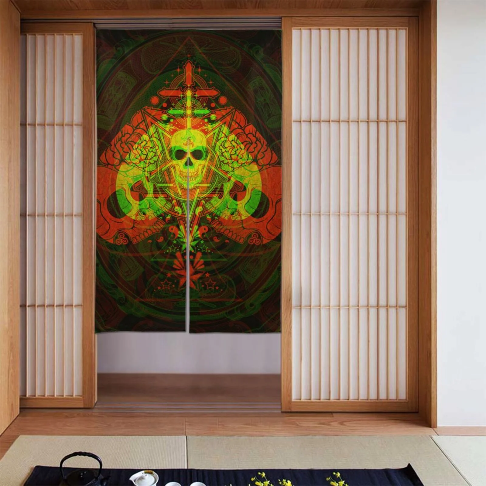 XMXT Japanese Noren Doorway Room Divider Curtain,Red Skeleton Ace Print Restaurant Closet Door Entrance Kitchen Curtains, 34 x 56 inches