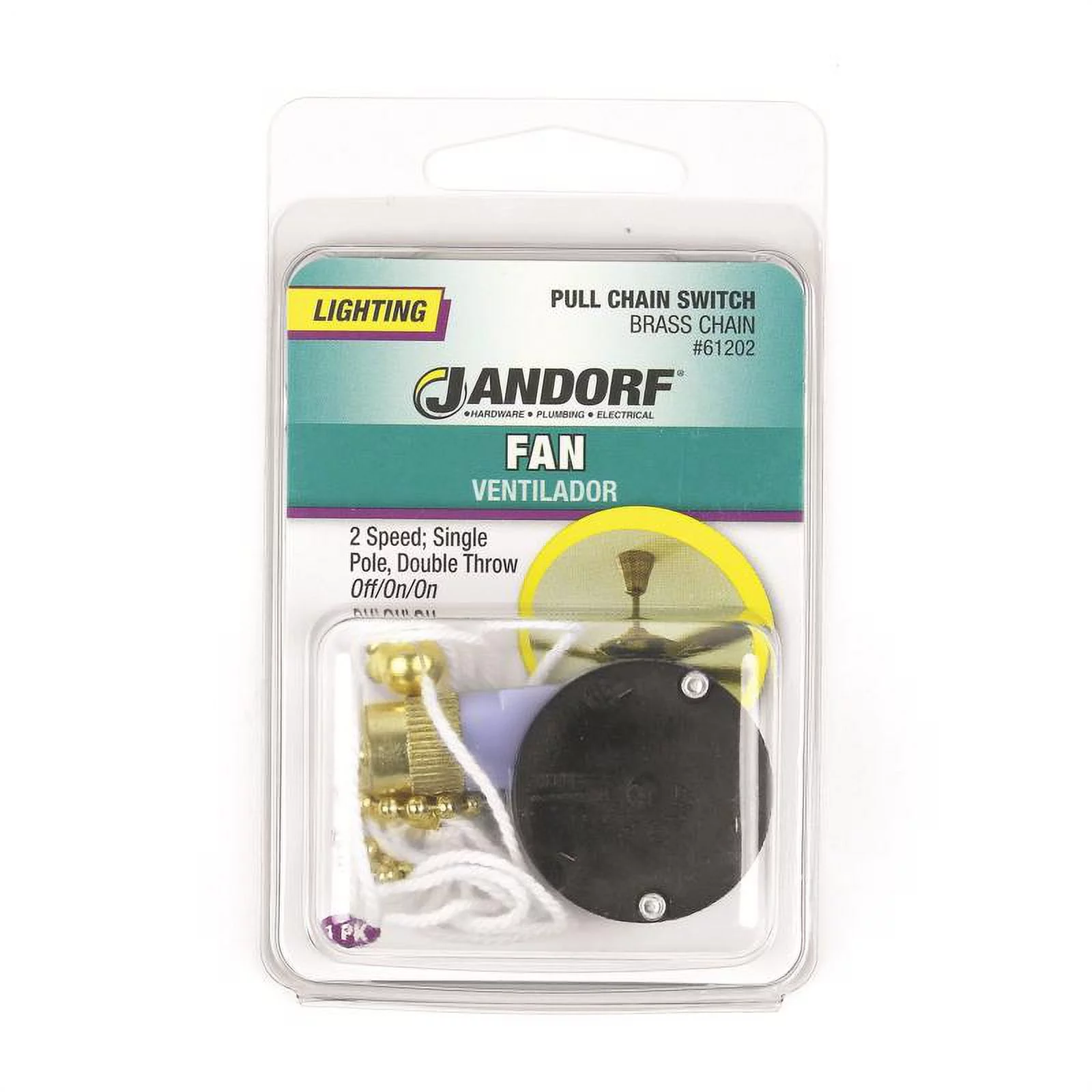 Jandorf 61202 Pull Chain Switch, 1-Pole, 125 V, 3 A, Brass
