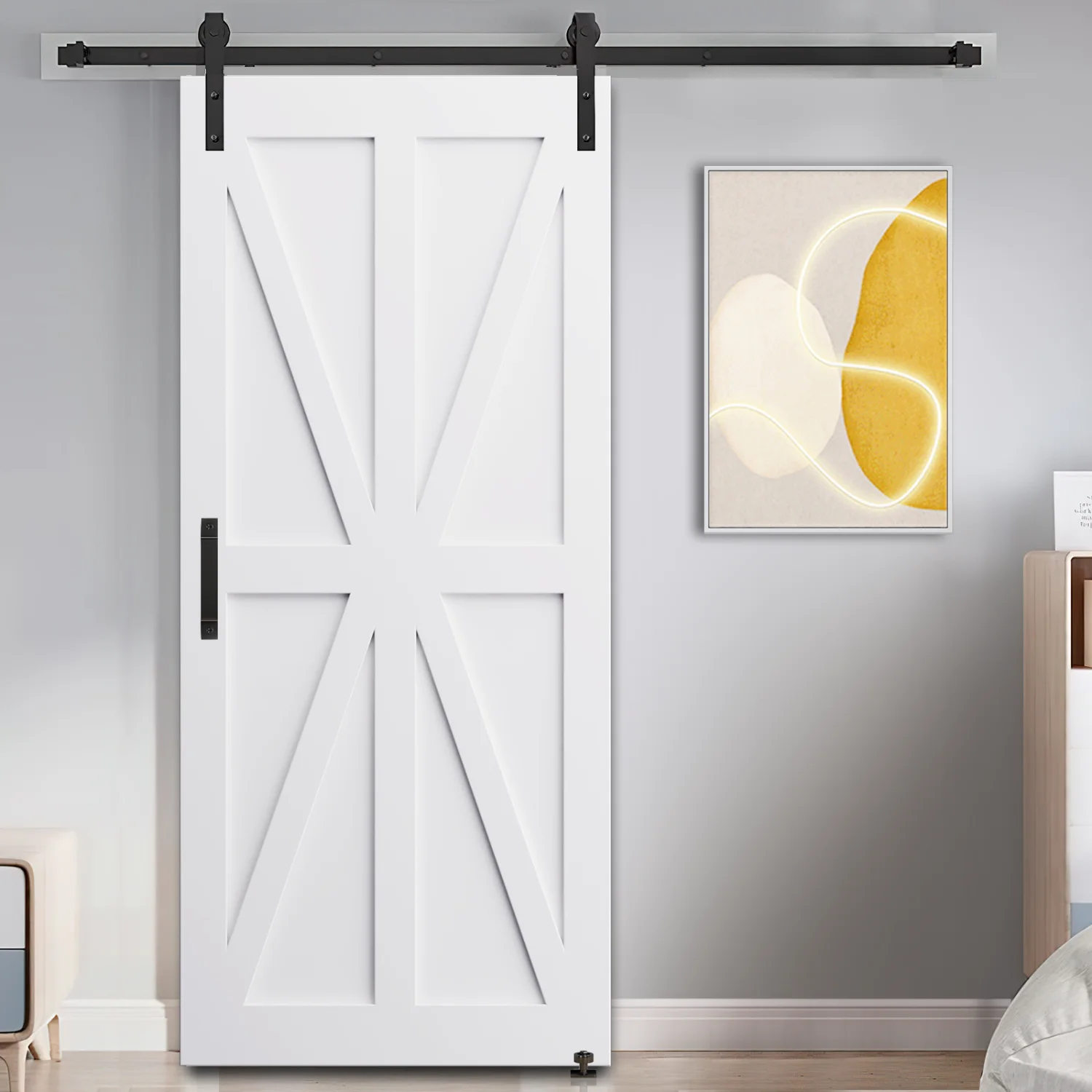 CRAZY ELF 28” x 84” Star Style Real Primed Door Slab + 6.6FT Barn Door Sliding Hardware + Adjustable Floor Guider + Pull Handle  DIY Unfinished Paneled Door  Modern Interior Barn Door  Mo