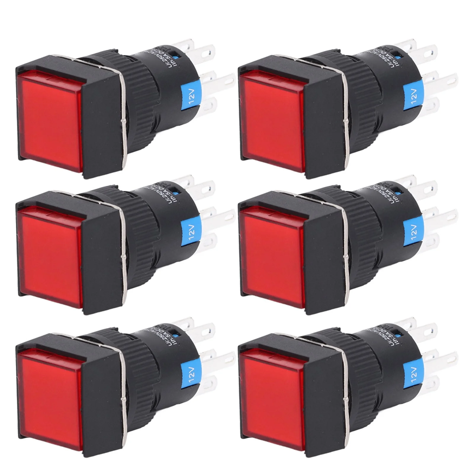 Uadme 25Pcs Squares Button Switch - ABS Brass 8 Pin Self Locking Switches with Light 16mm 12V(Red)