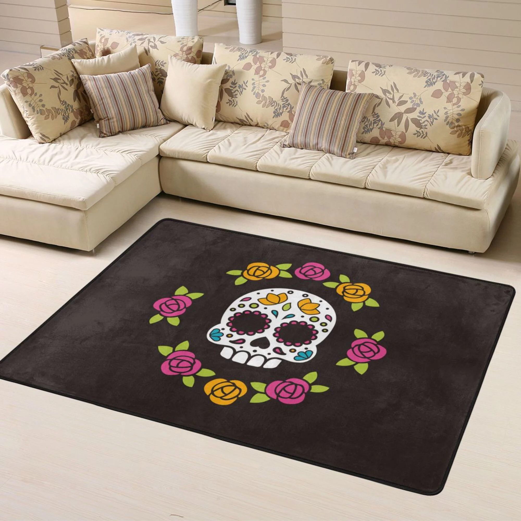 DouZhe Skull Skeleton Flowers Pattern Area Rugs Non-Slip Machine Washable Floor Mat, Day of The Dead Style Carpet Doormat, 63x48 inches