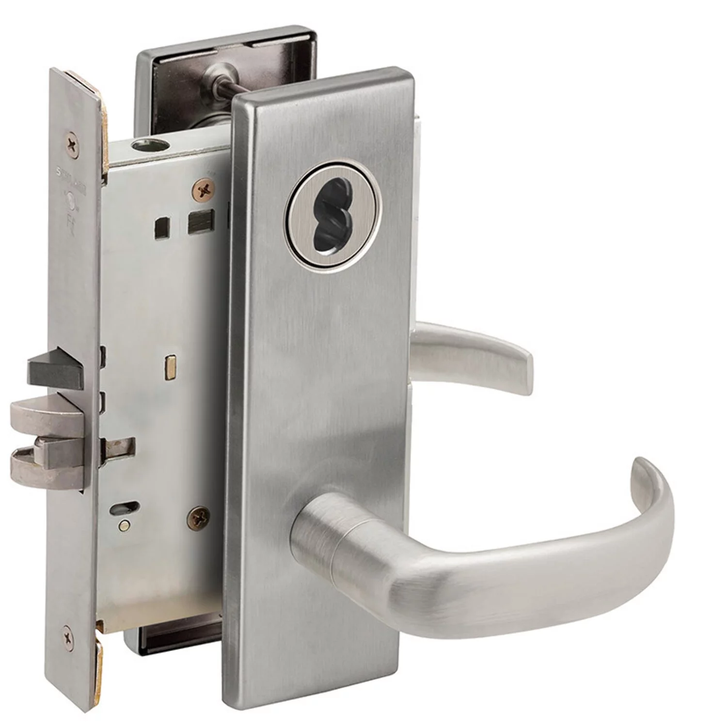 Schlage L9080J 17N 626 Grade 1 Storeroom Mortise Lock Schlage FSIC Less Core 17 Lever N Escutcheon Satin Chrome Finish Field Reversible