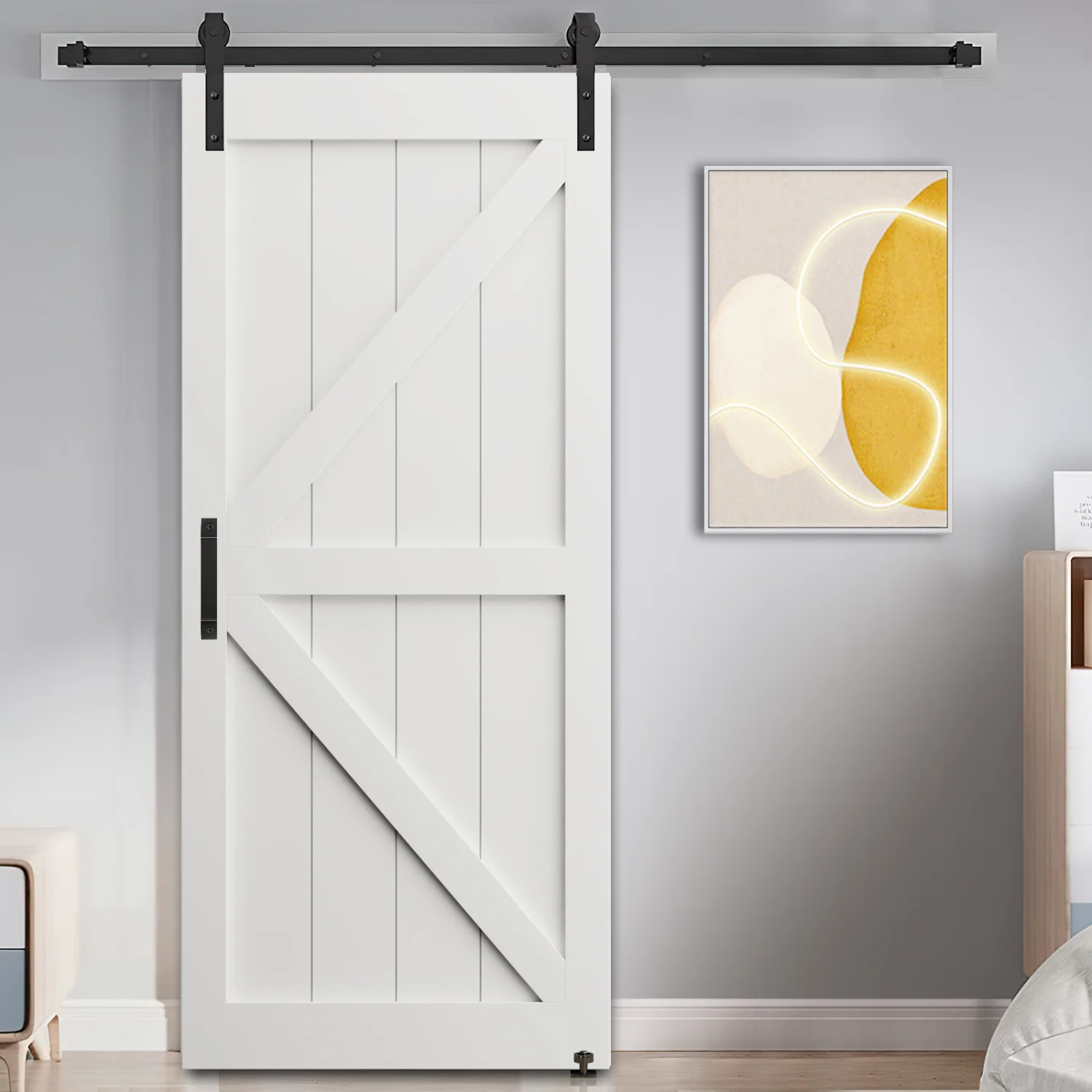 CRAZY ELF 32” x 84” ”K” Style Real Primed Door Slab + 6.6FT Barn Door Sliding Hardware + Adjustable Floor Guider + Pull Handle  DIY Unfinished Paneled Door  Modern Interior Barn Door  Moi