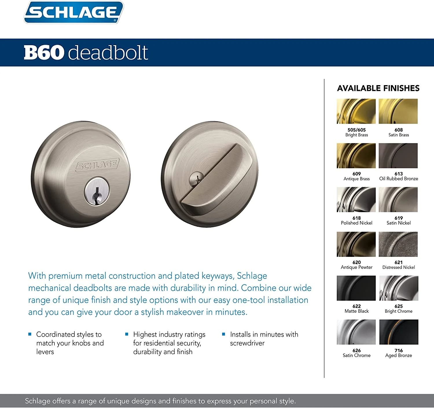 SCHLAGE B Deadbolt, Keyed 1 Side, Antique Pewter Antique Pewter Keyed 1 Side